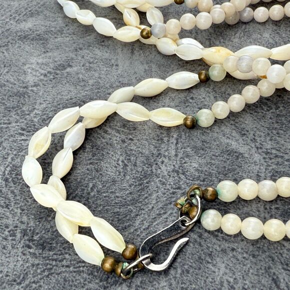 Vintage Natural Gemstone & Mother Of Pearl Rice Beads Necklace Double Strand 15" - Picture 8 of 13